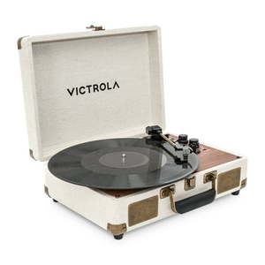 lot 33871 image: Victrola Venture Bluetooth Portable Mid-Century Modern Suitcase Record Player with 3-Speed Turntable & Built-in Speakers  Oak- Retails $64