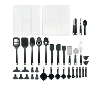 lot 35986 image: Mainstays 28 Piece Kitchen Gadget Set with Kitchen Cooking Utensils, and Drawer Organizer, Black (See Details)