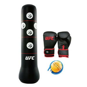 lot 37146 image: UFC Youth & Adult Inflatable Boxing Freestanding Punching Bag with Pump 5 ft, Black (Only One Glove)