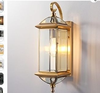lot 30860 image: Large Solid Copper Outdoor Wall Light, 20 Satin Brass Porch Lantern with Beveled Clear Glass, Weather-Resistant Exterior Wall Sconce for Front Door, Garage & Entryway, E26 Base - Retail $161