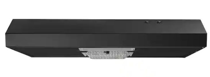lot 16970 image: Arno 30 in. 240 CFM Convertible Under Cabinet Range Hood in Black with Lighting and Charcoal Filter - Retail $90
