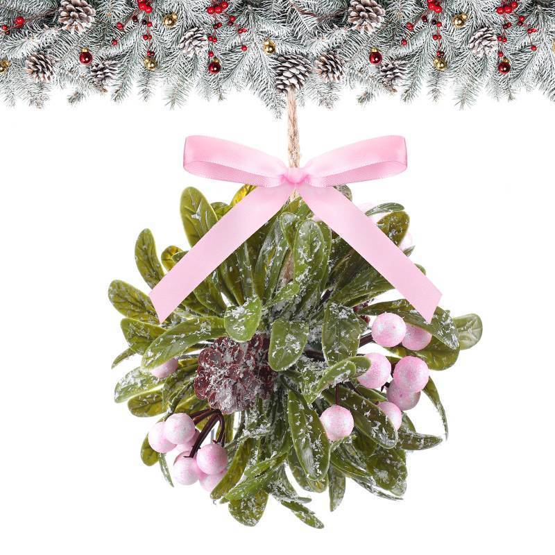 lot 32282 image: Christmas Mistletoe Decor Artificial Kissing Ball Ornament with Bow Berries Hanging Mistletoe Decoration Natural Pine Cone Decor for Doorway Home Christmas Tree(Red Organza,1 Pcs)