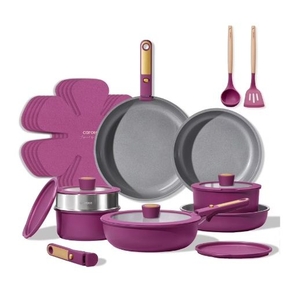 lot 36052 image: Carote 21 Pieces Pots and Pans Set with Detachable Handle, Ceramic Non Stick Non Toxic Kitchen Cookware Set with Induction, OvenDishwasher Safe, Magenta Purple (Large Pan is Dented) - Retail $89