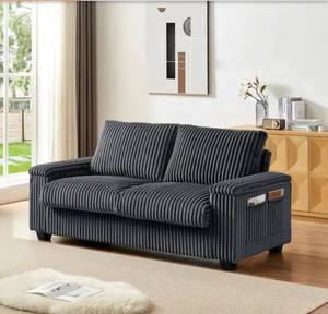 lot 33914 image: Square Arms Upholstered Corduroy Storage 2 Seater Loveseat in Dark Gray with USB Port - Retail $294