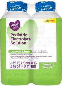 lot 38656 image: Parents Choice Electrolyte Solution, Lemon Lime, Dye-Free, for Kids and Adults, 22 oz, 4 Count (BEST BY MAY 01, 2026)