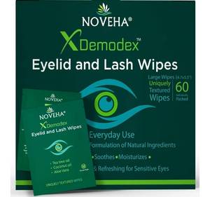 lot 38667 image: NOVEHA Demodex Eyelid & Lash Wipes  Box Of 60 Individually Wrapped Extra Strength Cleansing Eyelash Wipes - Battle Itchy & Irritated Eyes associated with Demodex Mites, Naturally Remove debris
