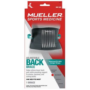 lot 38683 image: Mueller Adjustable Back Brace Black One Size Fits Most