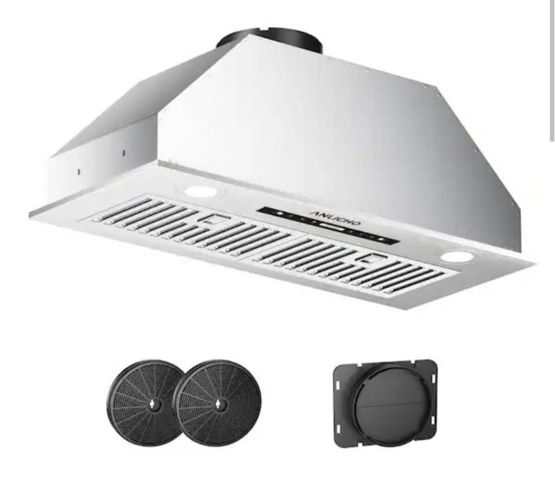 lot 15906 image: Anlicho 36 in. 900 CFM Convertible Ducted to Ductless Insert Range Hood in Stainless Steel w Baffle Filter, LED, Gesture control - Retail $279