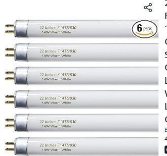 lot 30896 image: Pack of 6 ,T5 22 14W Cool White High Efficiency Fluorescent Bulb (Missing one Bulb)