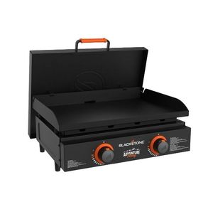 lot 33941 image: Blackstone Adventure Ready Outdoor Griddle, 22 Inch 2-Burner Flat Top Grill with Cover, Black - Retail $219