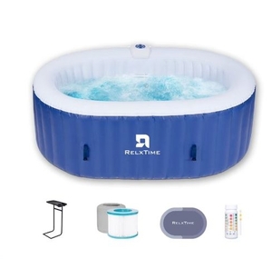 lot 36080 image: RELXTIME Oval Inflatable Portable Hot Tub 75x47Inch,2 Person Outdoor Spa Blow Up Hottubs with 100 Bubble Jets,Side Table,Blue - Retail $408
