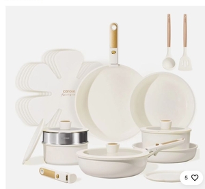lot 36081 image: Carote A13623 21-Pieces Pots and Pans Set with Detachable Handle - Granite White (Only 19 Pieces)- Retail $57
