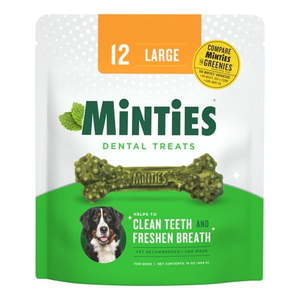 lot 38712 image: Minties Dental Bone Treats  Chews for Large Dogs over 50 lbs  12 Count  16 oz  Shelf-Stable (BEST BY 02012028)