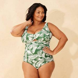 lot 38757 image: Womens Tab-Front Full Coverage Tummy Control One Piece Swimsuit - Shade & Shore Green Tropical Print -Size 20