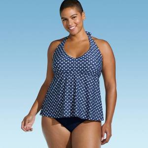 lot 38763 image: Lands End Womens Flutter Halter Tankini Top - Navy Blue UPF 50, Removable Cup, Geometric Pattern -Size 1X