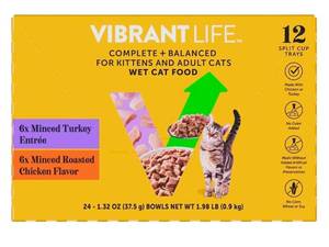 lot 38777 image: Vibrant Life Chicken & Turkey Cuts in Gravy Wet Cat Food Variety Pack, 2.64 oz Cup, 9 Pack ( Best By 012028)