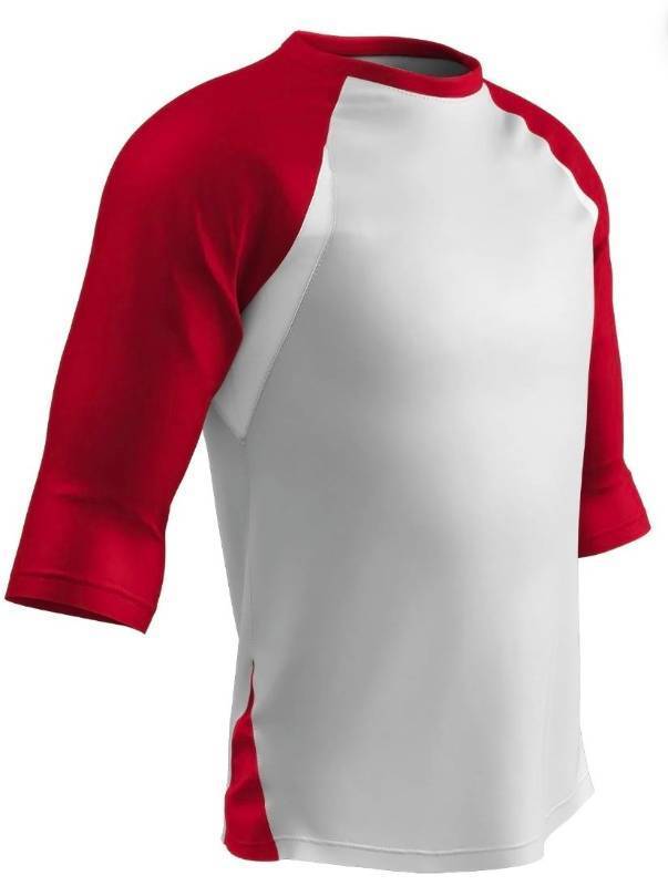 lot 38099 image: Complete Game 34 Sleeve Baseball Shirt- Youth Medium, White with Scarlet Sleeves (Stained -See Pic #5)