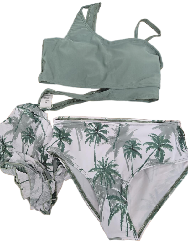lot 38135 image: Youth Girls Size Green Bikini Set with Palm Tree Print- 1214Y