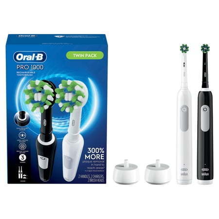 lot 33632 image: Oral-B Toothbrush  Pro 1000 CrossAction Rechargeable Electric Toothbrush Pack  Black and White  2 Count  (No Brush Heads)- Retail $89