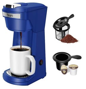 lot 33989 image: Single Serve Coffee Maker for K Cup Pod & Ground Coffee 2 in 1, K Cup Coffee Machine 14 oz Brew Size, Mini Single Cup Coffee Pod Fast Brew, Reusable Filter, Blue