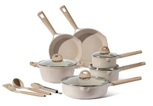 lot 36158 image: Carote Ceramic Nonstick Pots and Pans Set, 13 Pieces Non-Toxic Kitchen Cookware Sets Compatible for All Stoves, Taupe - Retail $79