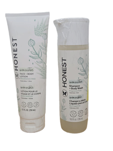 lot 38837 image: Honest Sensitive Face Body Lotion and Shampoo Body Wash Set