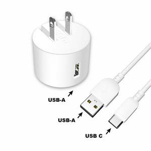 lot 38849 image: onn. Wall Charging Kit with USB-C to USB Cable  White cell phone charger 90 degree folding plug LED power indicator