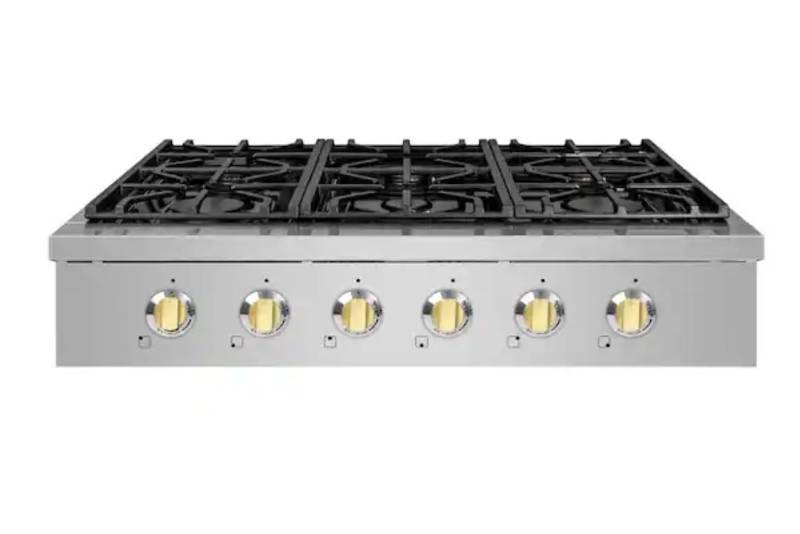 lot 33640 image: NXR Entree 36 in. Professional Style Gas Cooktop with 6-Burners in Stainless Steel and Gold - Retail $999