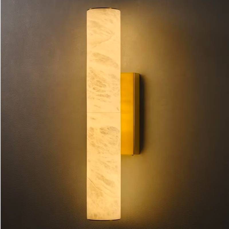 lot 34575 image: BLESULUK Natural Alabaster Brass Wall Sconce - Luxury Modern Spanish Stone Sconces - Brushed Gold Indoor Lighting Fixture with Dimmable LED Strip - Vanity Light Decor for Living Room Bedroom Bathroom Hallway - Retail $259
