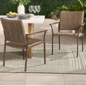 lot 36165 image: Better Homes & Gardens Bellamy Outdoor Patio Dining Chairs - Tan Wicker  (See Details)- Retail $147
