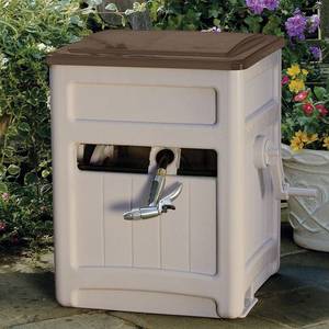 lot 36169 image: Suncast Hose Hideaway 225 Outdoor Garden Hose Reel with Storage Bin and Hose Guide  Taupe - Retail $190