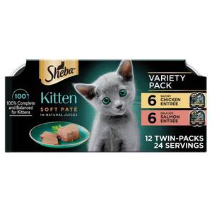 lot 38941 image: Sheba Perfect Portions Salmon, Chicken and Seafood Flavor Soft Pate Kitten Wet Cat Food - 31.7oz8ct (BEST BY 01082028) KITTEN FOOD