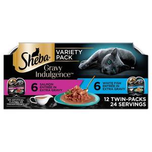 lot 38942 image: Sheba Salmon Flavor Variety Pack Gravy Indulgence Wet Cat Food - 31.7oz11.5 MISSING ONE SIDE OF ONE, (BEST BY 012026)