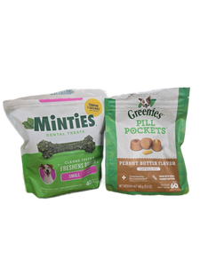 lot 38943 image: OPENED Dog Treats Bundle - Minties Dental Treats and Greenies Pill Pockets BEST BY DATES 01152028, 01272029