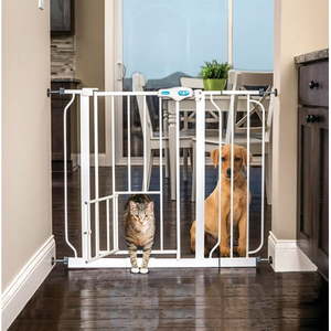 lot 40027 image: Carlson Pet Products 31 H Extra-Wide Walk Through Metal Dog Pet Gate  with Additional Small Door White