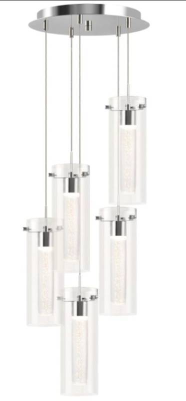 lot 35384 image: hykolity 5-Light Bubble Glass Pendant Light, 3CCT Dimmable LED Chandelier, Polished Nickel Modern Hanging Ceiling Light for Kitchen Island, Dining Room, Bedroom, ETL Listed (Damage to Glass)- Retail $122