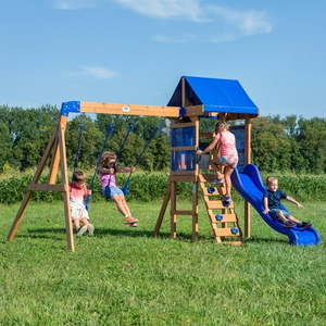 lot 36217 image: Backyard Discovery Aurora Wooden Cedar Swing Set - Retail $328
