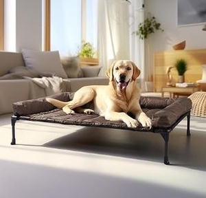 lot 36219 image: Veehoo Cooling Elevated Dog Bed Add Removable Waterproof Bolster Cushion Mat, Raised Pet Cot with Breathable Teslin Mesh, No-Slip Feet, Dog Couch Bed for Indoor Outdoor, Large, Brown - Retail $50