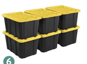 lot 36224 image: Sterilite Large Storage Bin, 27 Gallon Durable Plastic Storage Tote with Snap-On Lid, Black and Yellow, 6 Pack