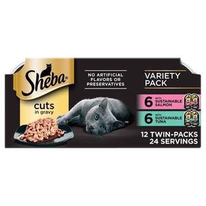 lot 38958 image: Sheba Perfect Portions Cuts in Gravy Salmon, Seafood, Gravy and Tuna Flavor Variety Pack Wet Cat Food - 2.6oz12ct (BEST BY 122027)