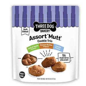 lot 38982 image: Three Dog Bakery Assorted Mutt Trio Chewy with Peanut Butter, Carob and Vanilla Flavor Dog Treats - 26oz (BEST BY JULY 2027)
