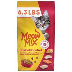lot 38987 image: Meow Mix Hairball Control with Flavors of Chicken, Turkey , Salmon & Ocean Fish Adult Complete & Balanced Dry Cat Food - 6.3lbs (BEST BY AUGUST 07, 2027)