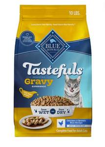 lot 38988 image: Blue Buffalo Tastefuls Irresistible Gravy Experience Adult Indoor Cat Dry Food, Chicken & Brown Rice Recipe, 10-lb. Bag (BEST BY SEPTEMBER 15, 2027)