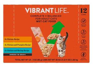 lot 38993 image: Vibrant Life Variety Pack Chicken & Shrimp & Pumpkin Shreds Wet Cat Food, 3 oz Cans, 12 Count, (BEST BY MARCH 25, 2029)