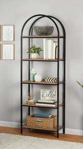 lot 40086 image: Mainstays 5-Shelf Metal and Wood Arch Open Bookcase (See Details) - Retail $78