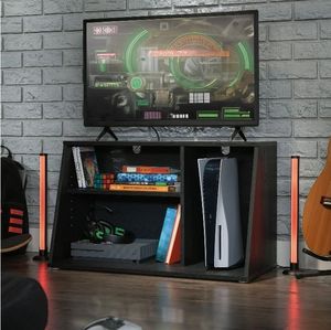 lot 40091 image: Mainstays Gamer TV Stand Console for TVs up to 32, Black Finish (See Details)