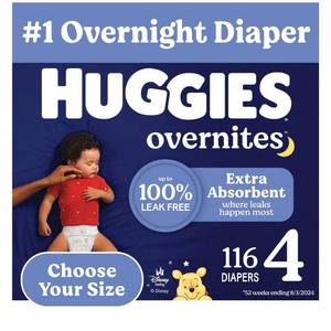 lot 40094 image: Huggies Overnites Nighttime Baby Diapers- Size 4 - 116ct