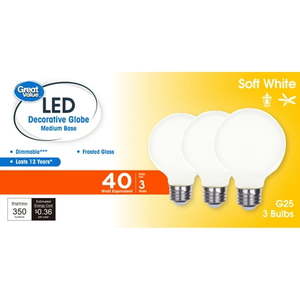 lot 41007 image: Great Value G25 LED Bulb  3-Watt (40W Equivalent) Soft White Decorative Globe E26 Base Dimmable3 Pack