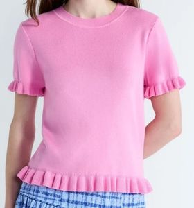 lot 41031 image: Free Assembly Womens Ruffle Trim Sweater with Short Sleeves, Lightweight, Size Medium (8-10)
