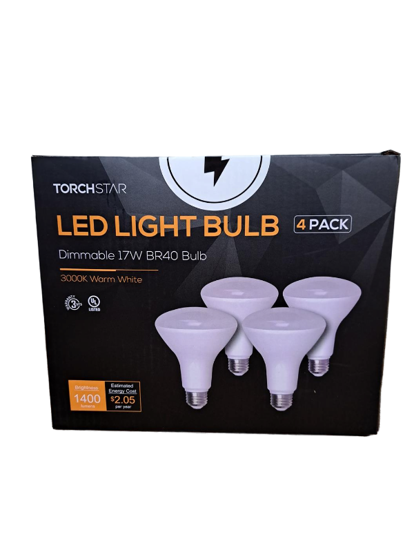 lot 33725 image: Torchstar LED Light Blulb 4 Pack Dimmable 17W BR40 Bulb 3000K Warm White